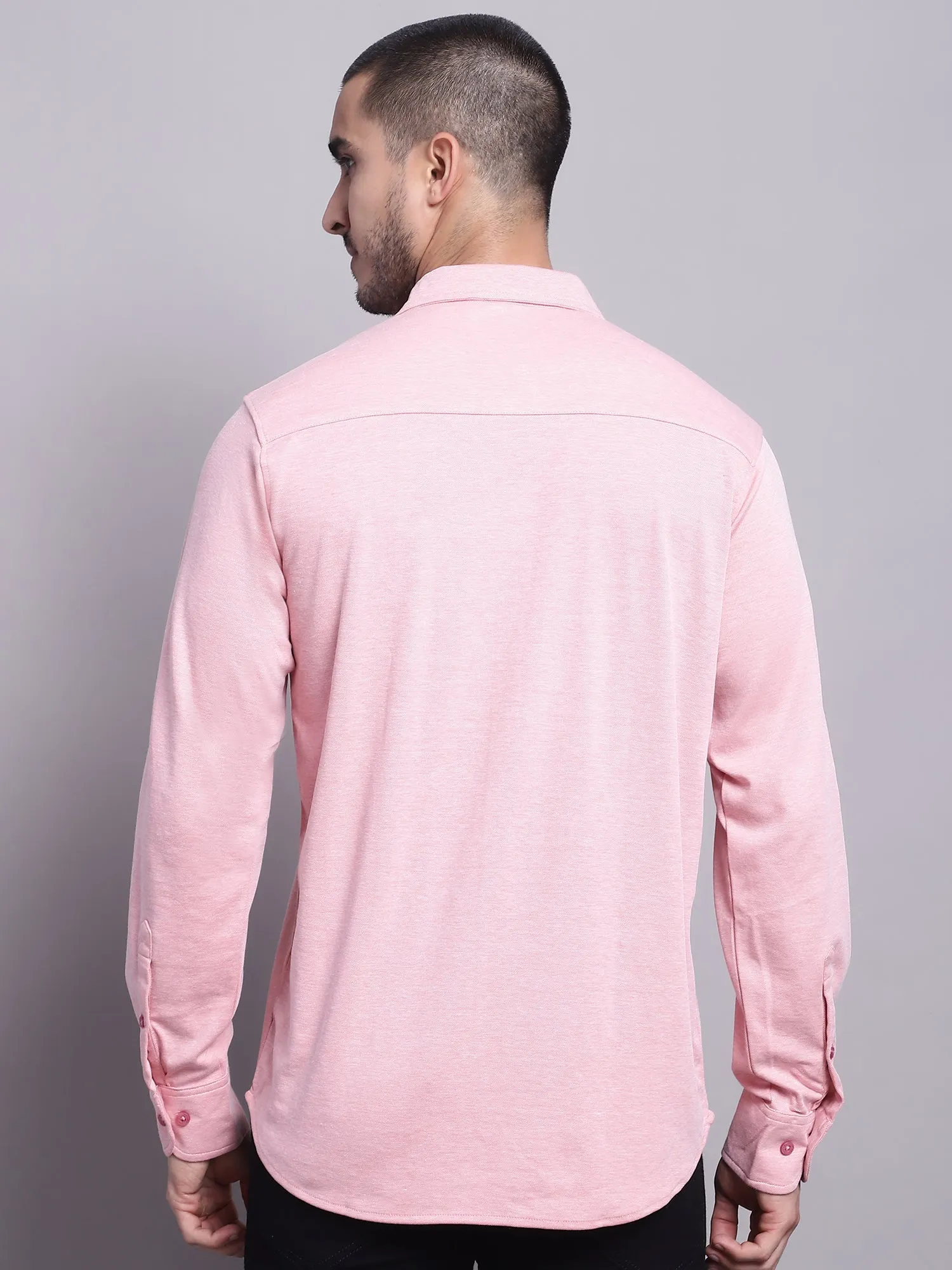 Men's Pink Casual Knit Self Textured Full Sleeve Shirt