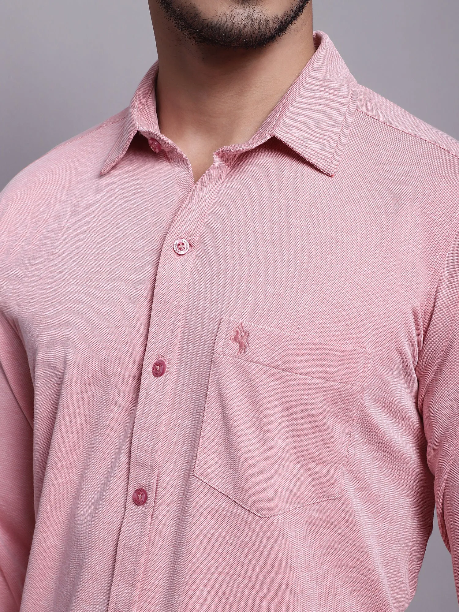 Men's Pink Casual Knit Self Textured Full Sleeve Shirt