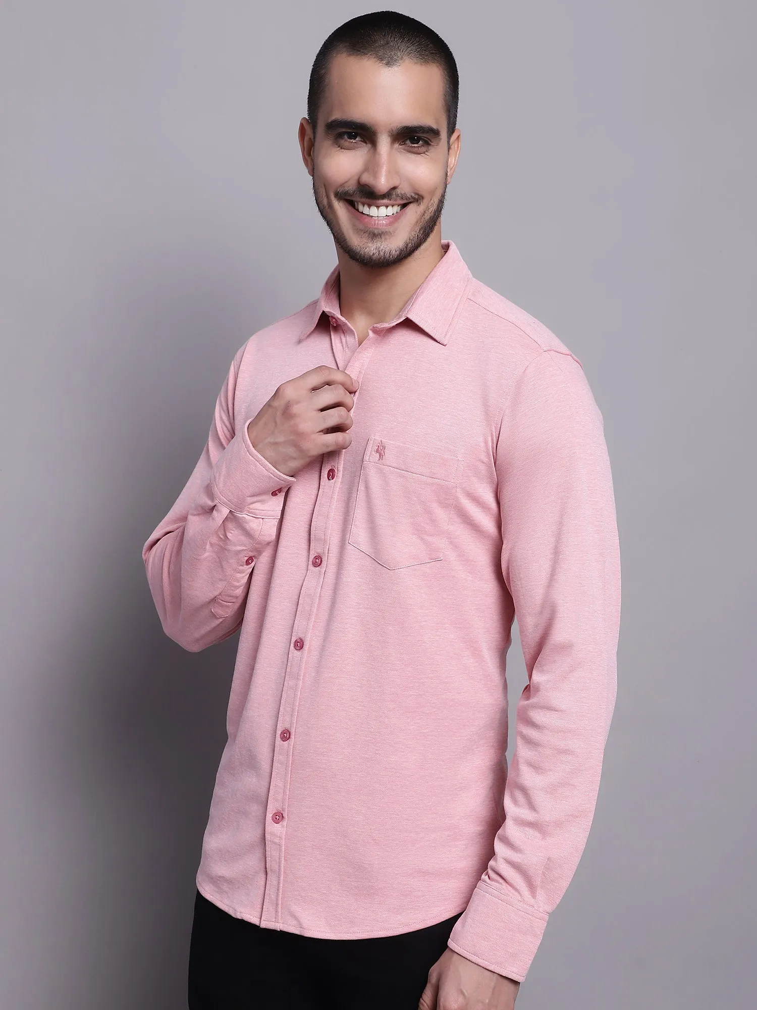 Men's Pink Casual Knit Self Textured Full Sleeve Shirt