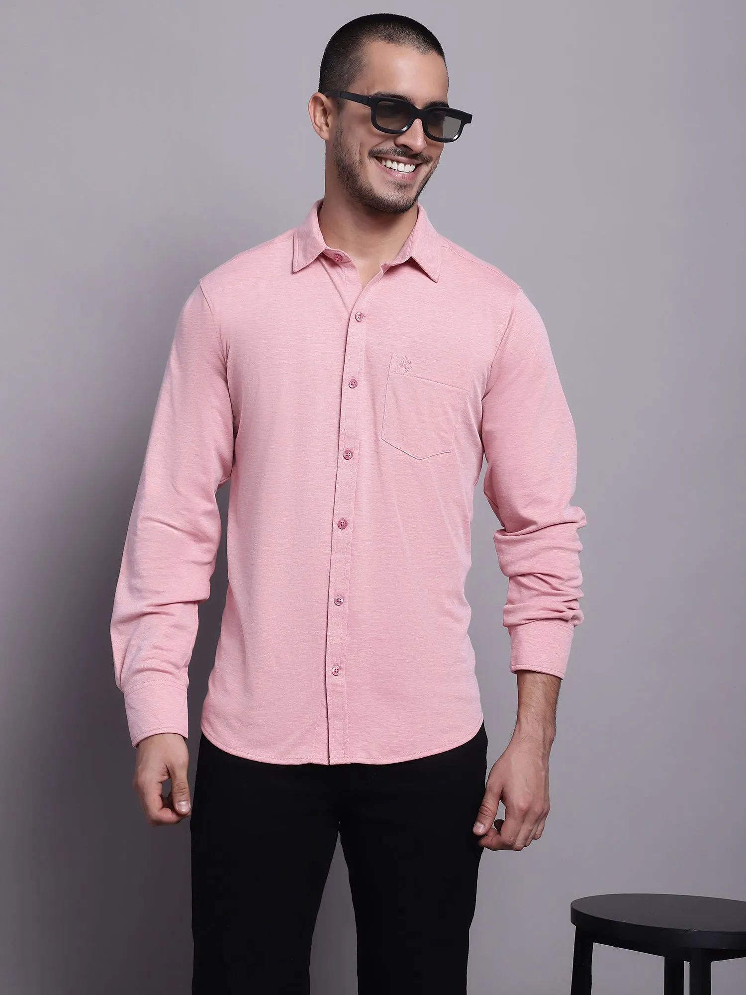 Men's Pink Casual Knit Self Textured Full Sleeve Shirt