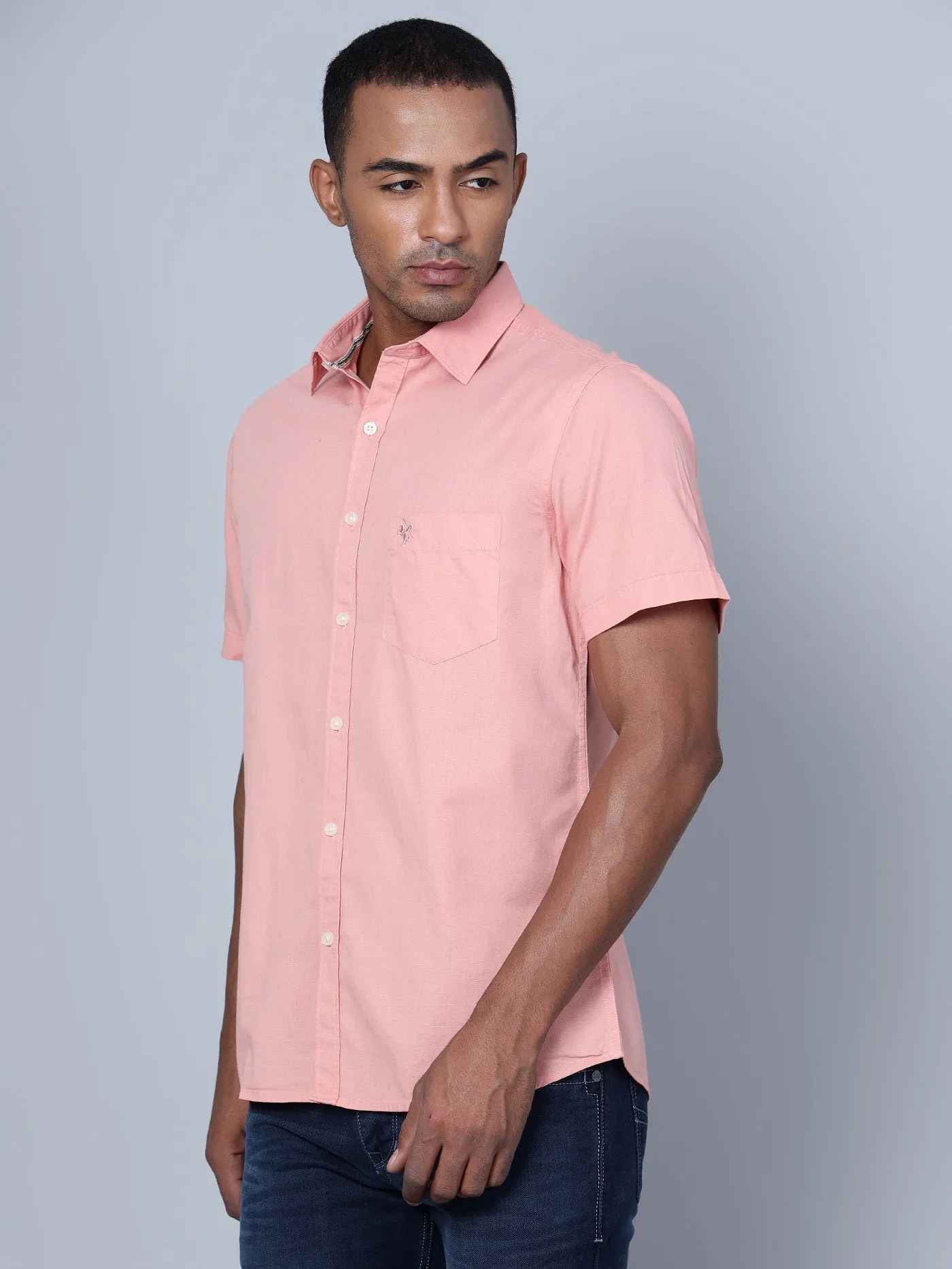 Men's Pink Casual Plain Half Sleeve Shirt