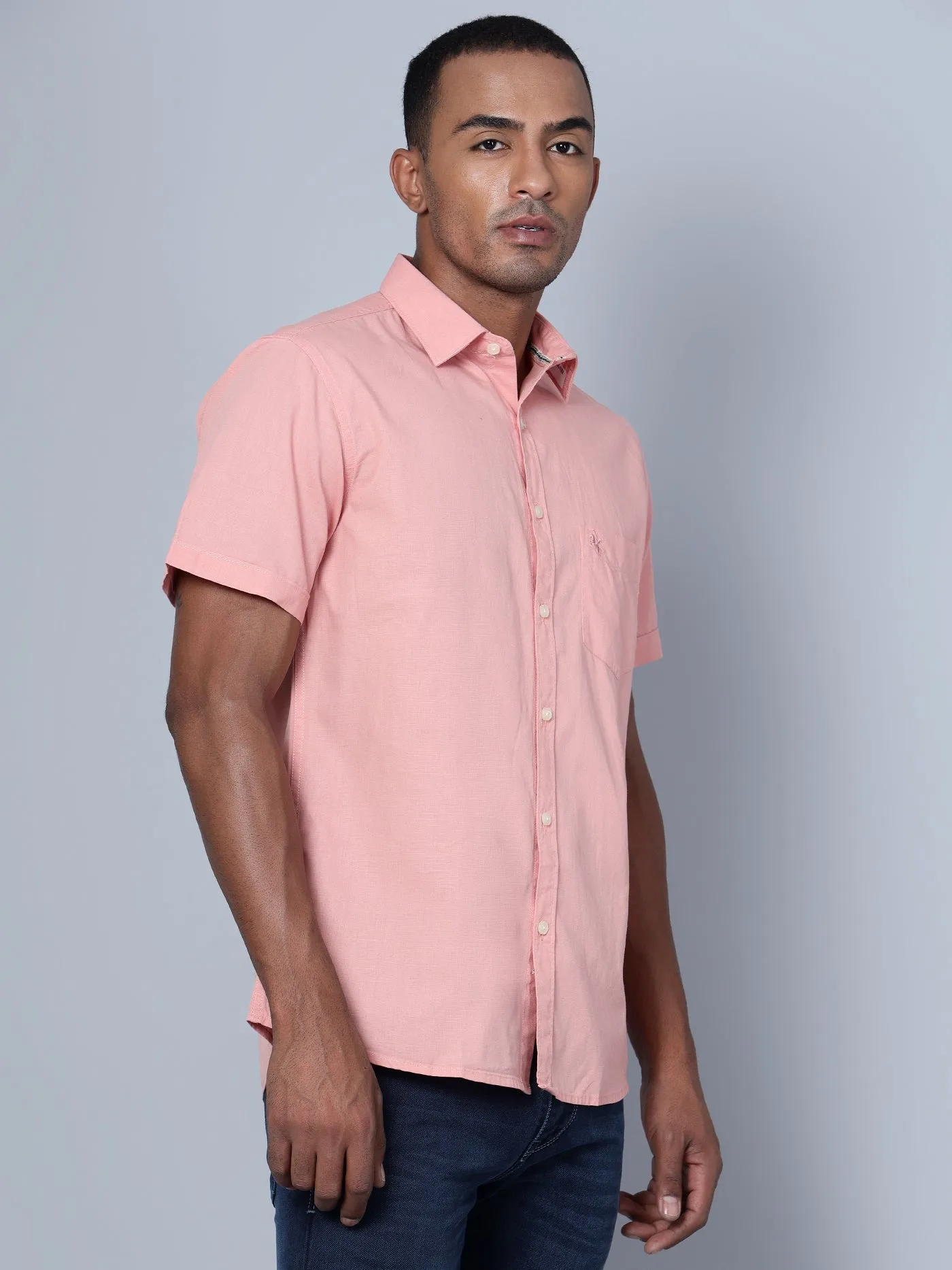 Men's Pink Casual Plain Half Sleeve Shirt