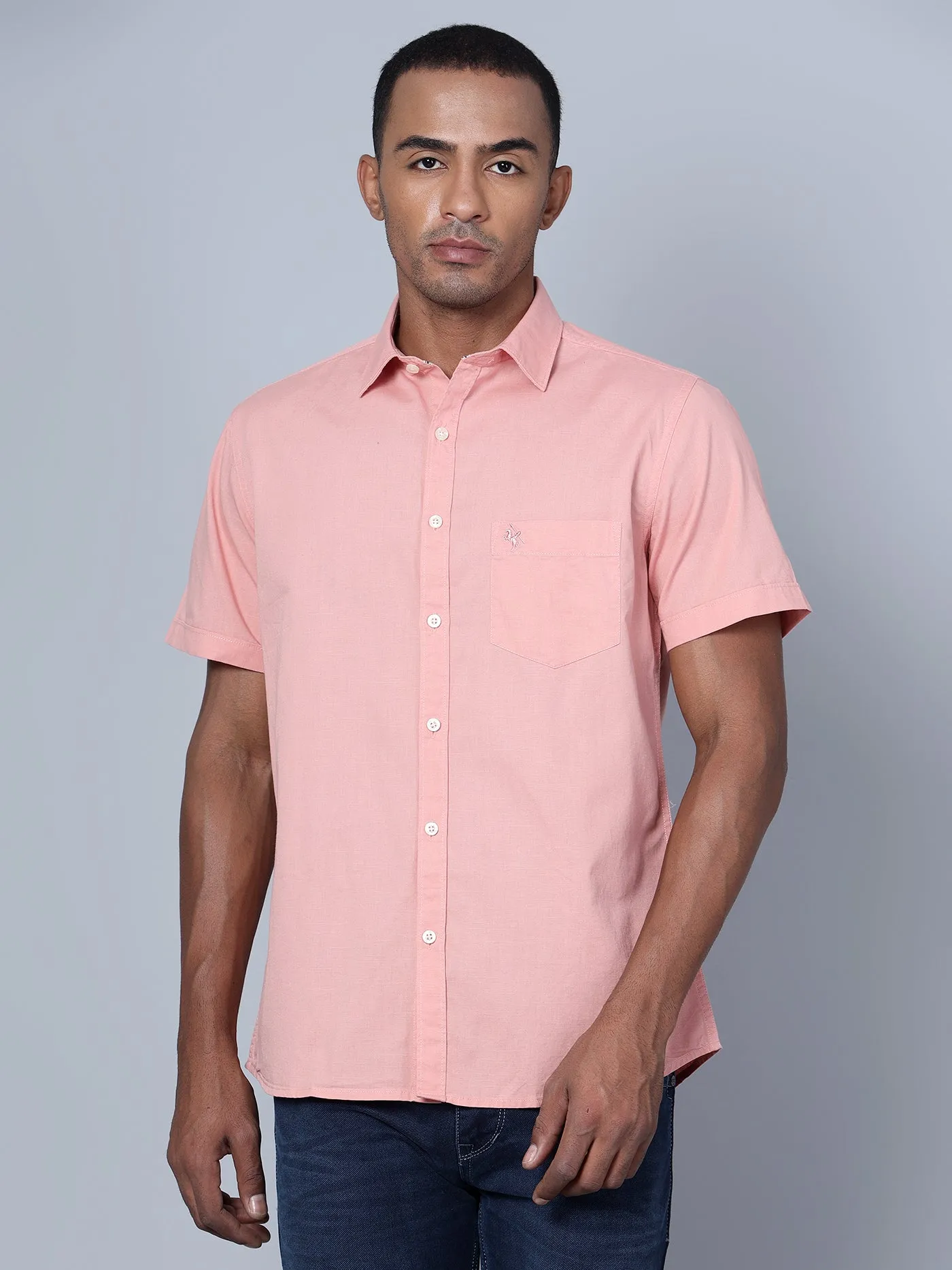 Men's Pink Casual Plain Half Sleeve Shirt