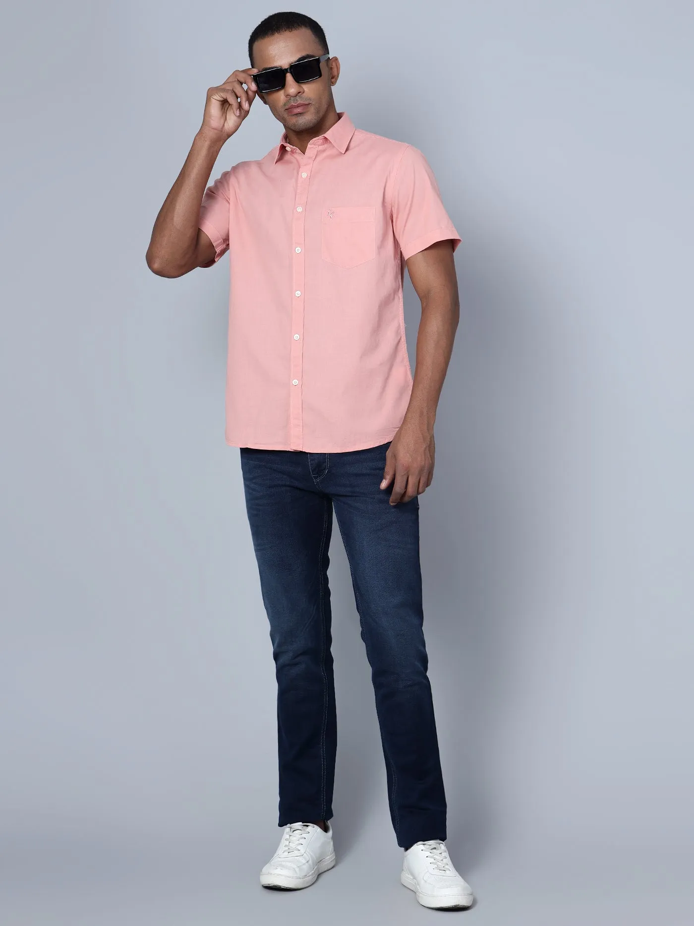 Men's Pink Casual Plain Half Sleeve Shirt