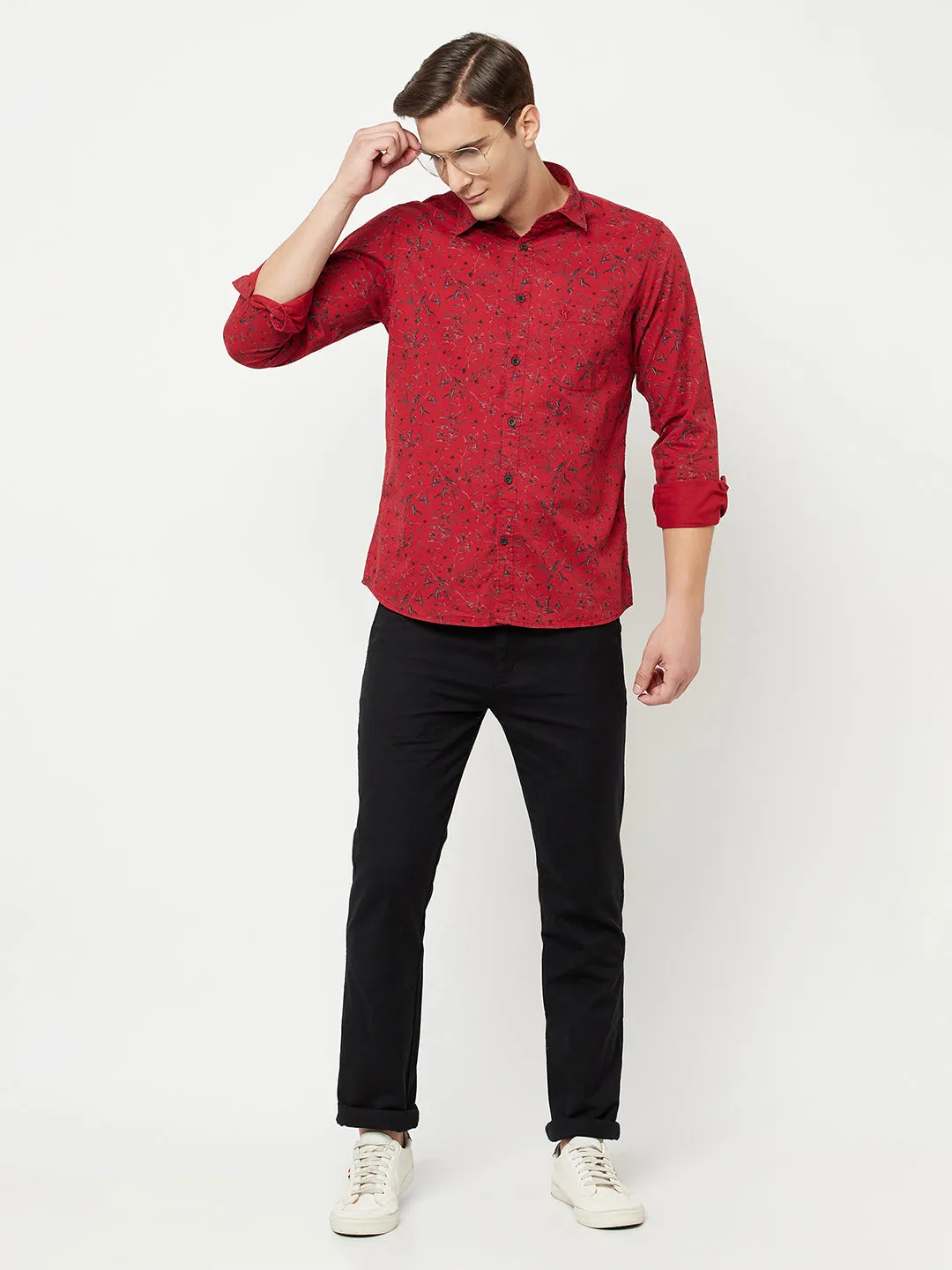 Men's Red Casual Floral Print Full Sleeve Shirt