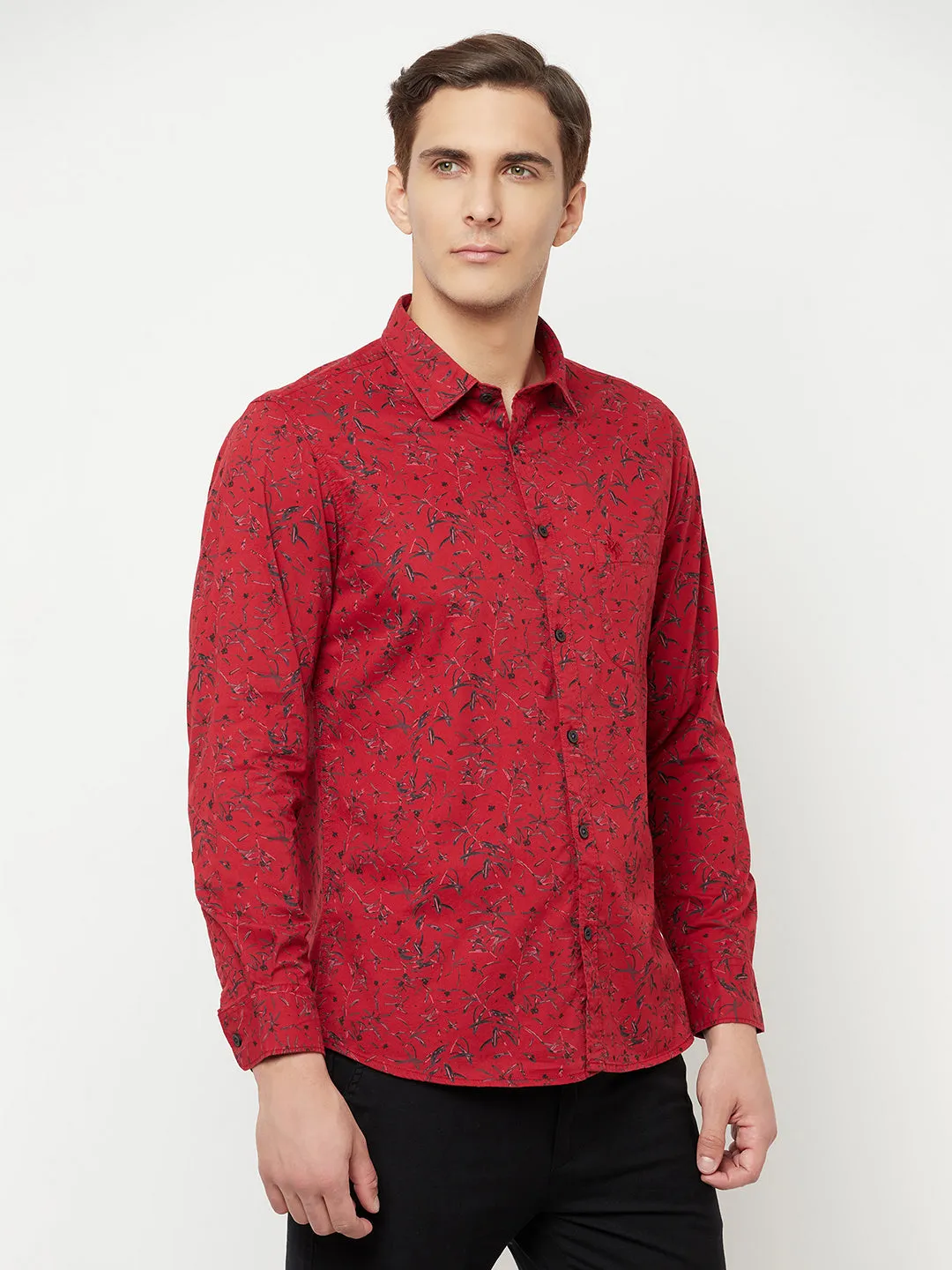 Men's Red Casual Floral Print Full Sleeve Shirt