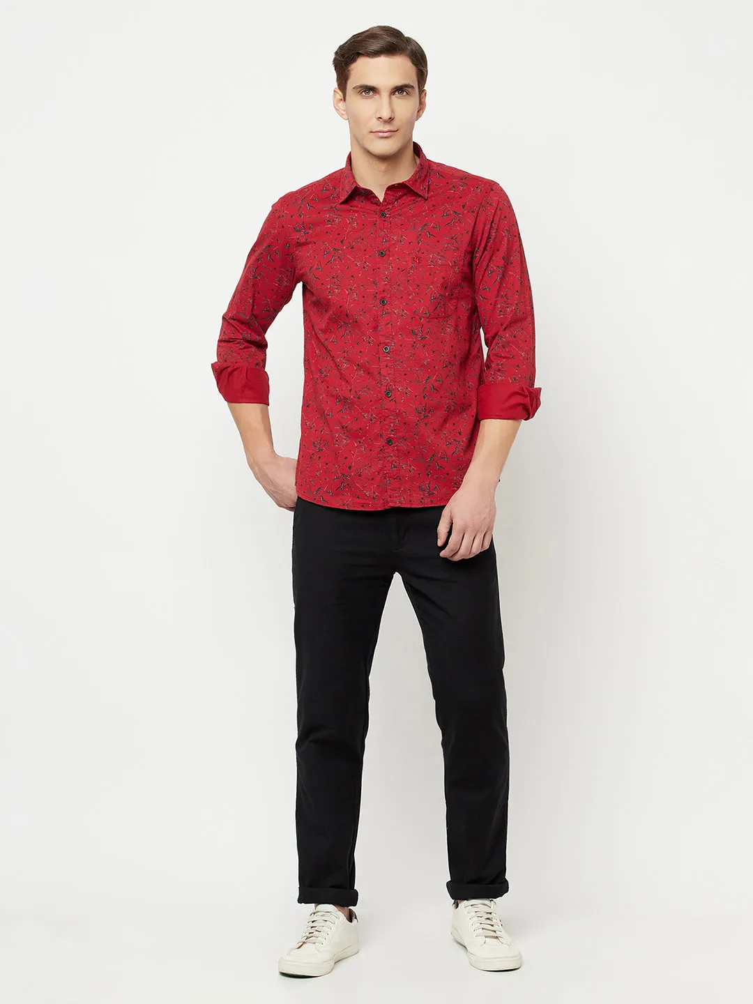 Men's Red Casual Floral Print Full Sleeve Shirt