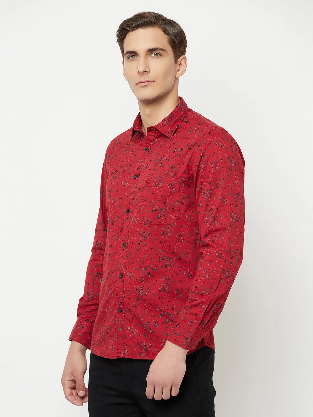 Men's Red Casual Floral Print Full Sleeve Shirt