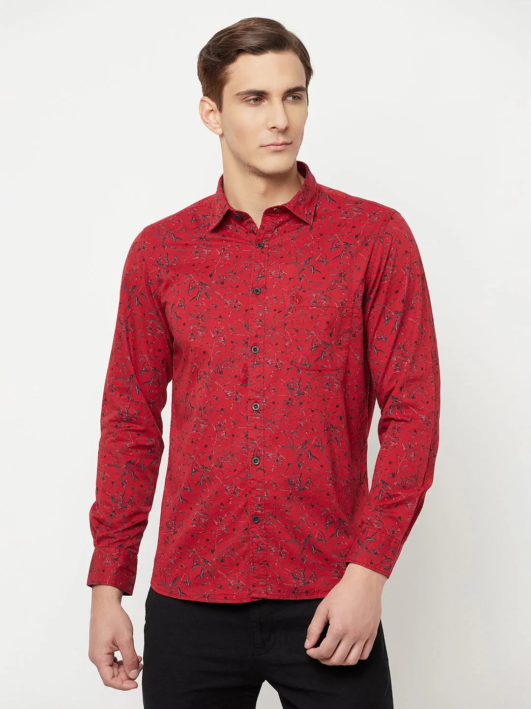 Men's Red Casual Floral Print Full Sleeve Shirt