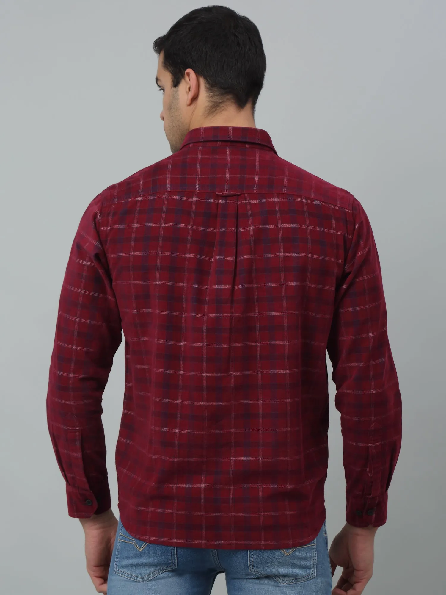 Men's Red Casual Medium Checks Corduroy Full Sleeve Shirt