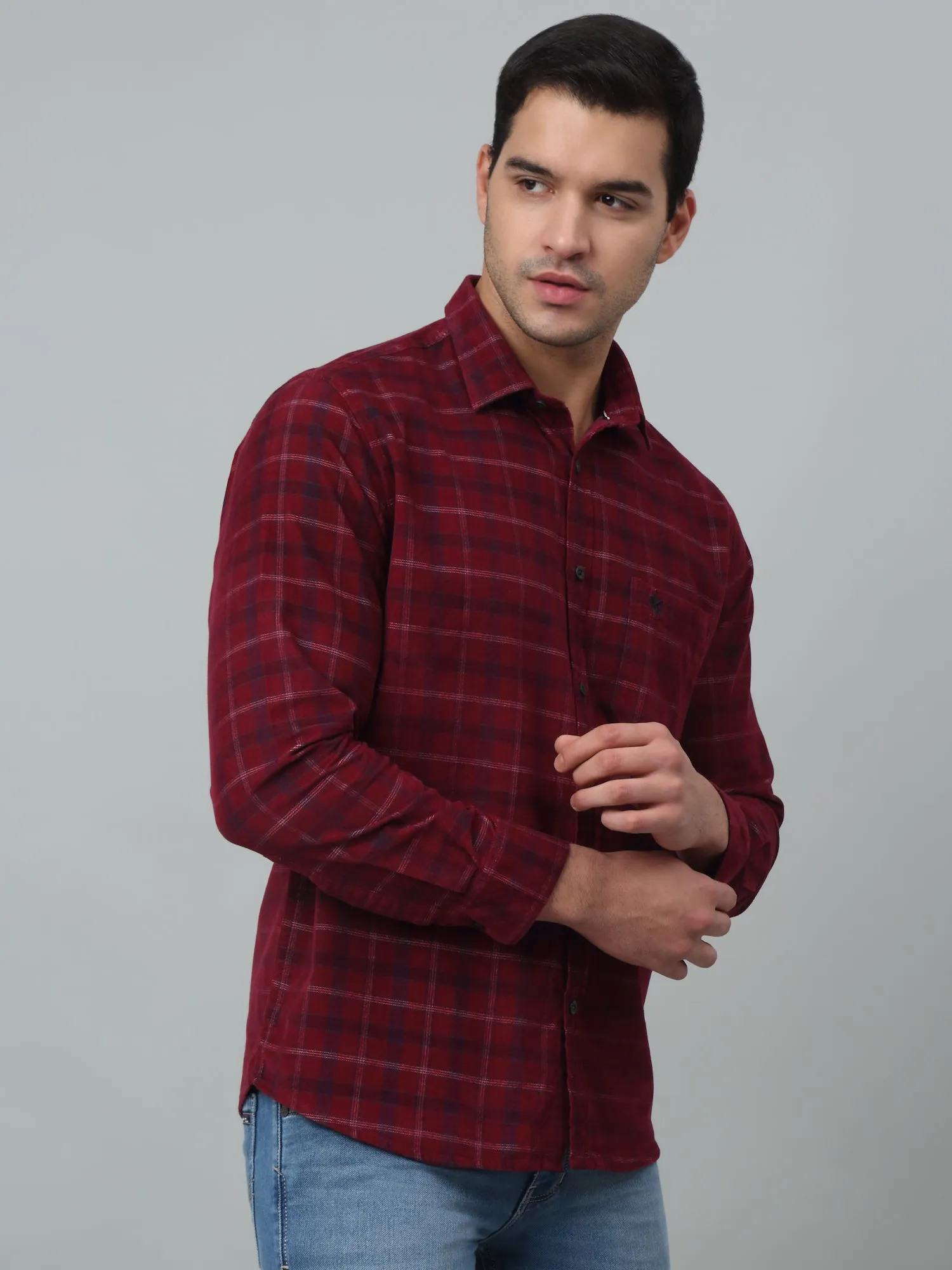 Men's Red Casual Medium Checks Corduroy Full Sleeve Shirt