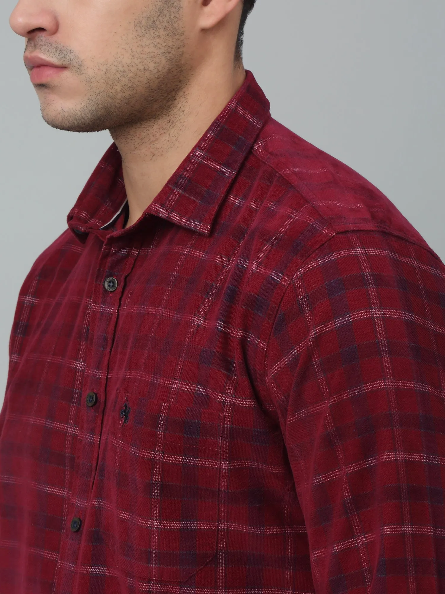 Men's Red Casual Medium Checks Corduroy Full Sleeve Shirt