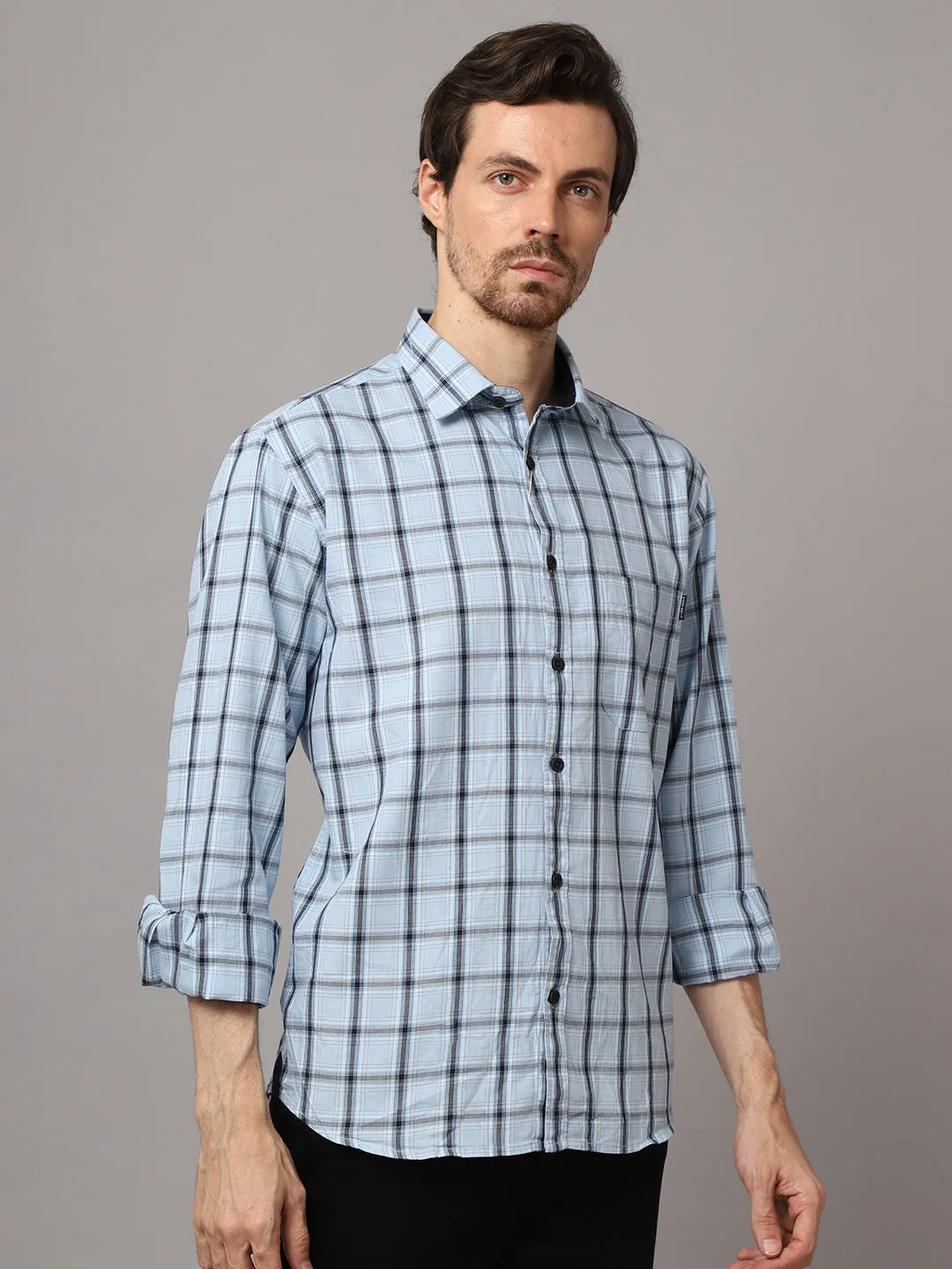 Men's Sky Blue Casual Medium Checks Full Sleeve Shirt