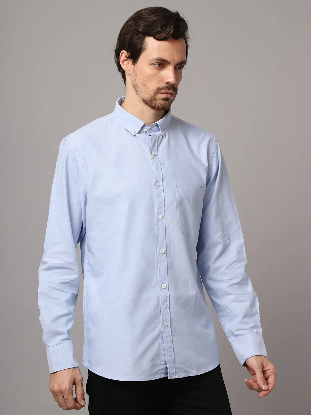 Men's Sky Blue Casual Plain Full Sleeve Shirt