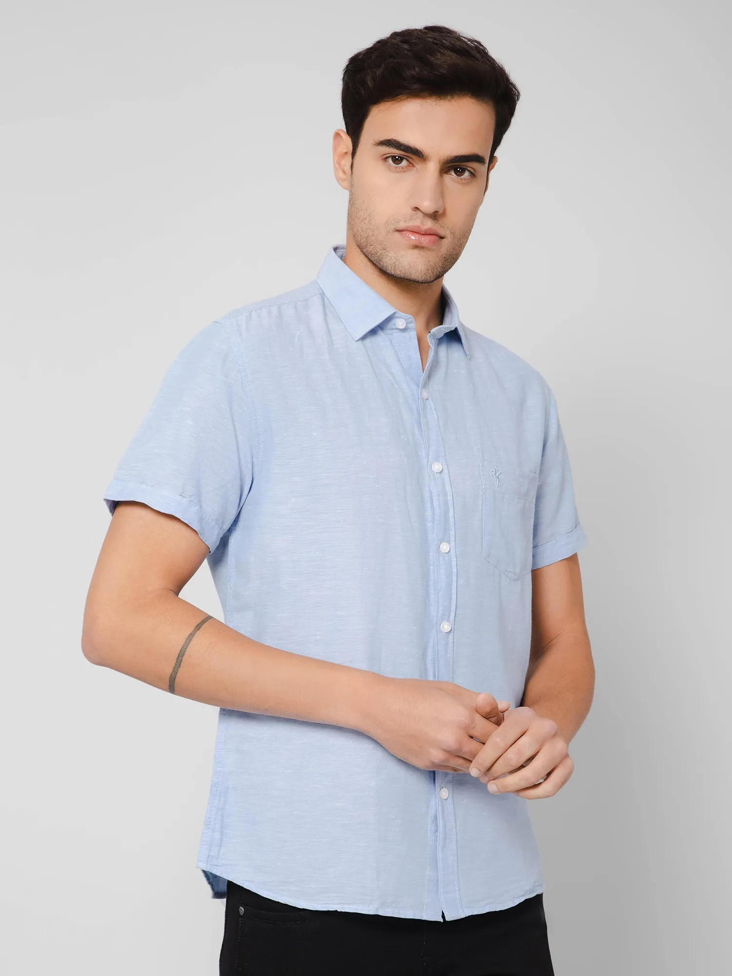 Men's Sky Blue Casual Plain Half Sleeve Shirt