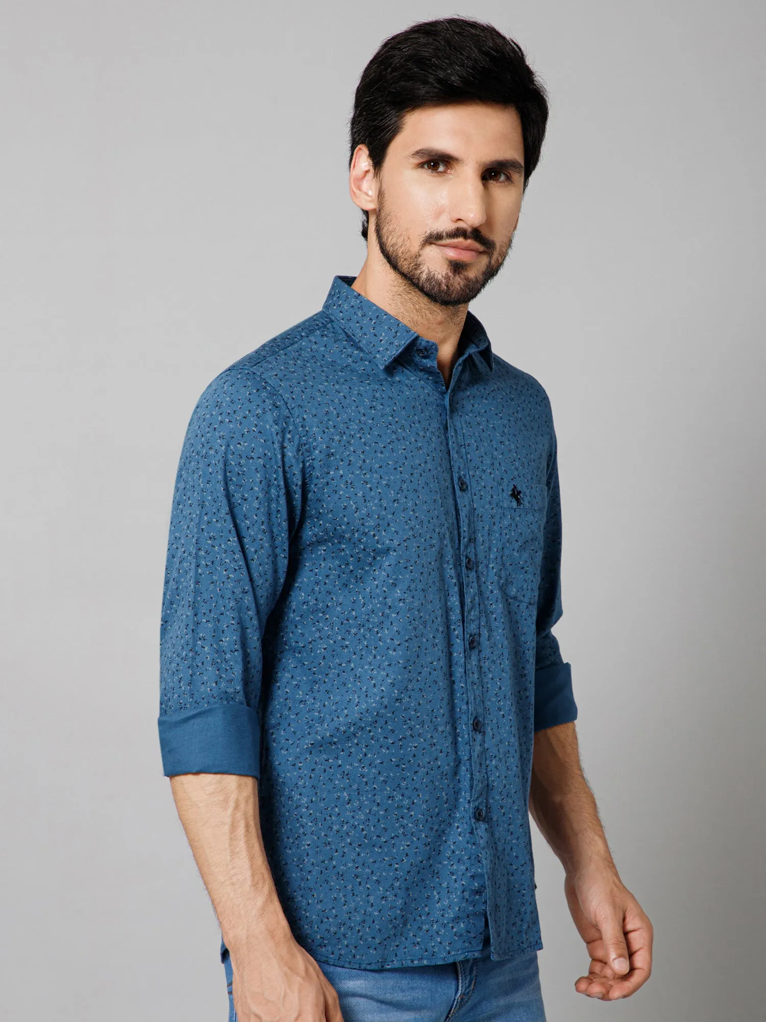 Men's Teal Blue Casual Floral Ditsy Print Full Sleeve Shirt