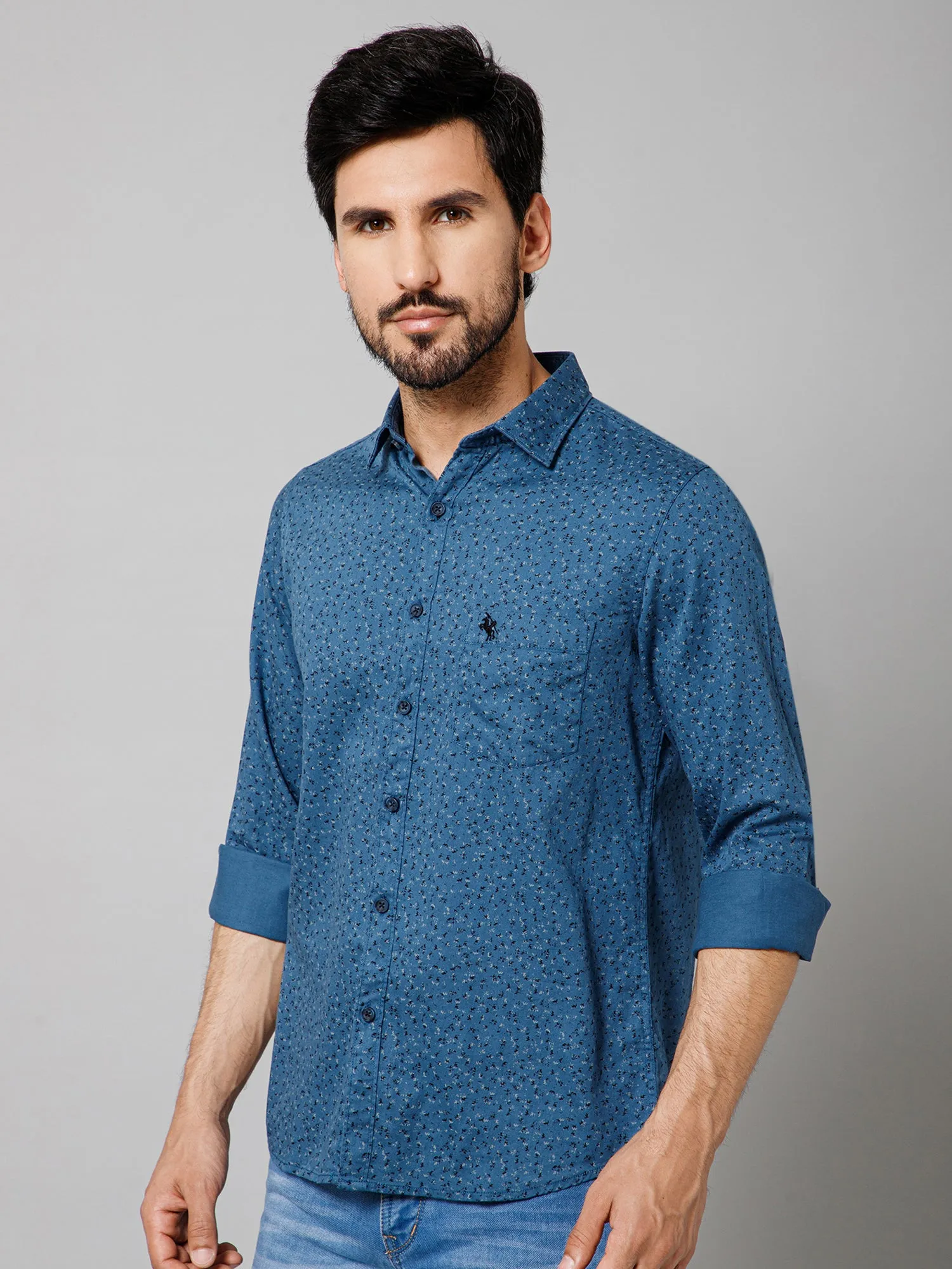 Men's Teal Blue Casual Floral Ditsy Print Full Sleeve Shirt