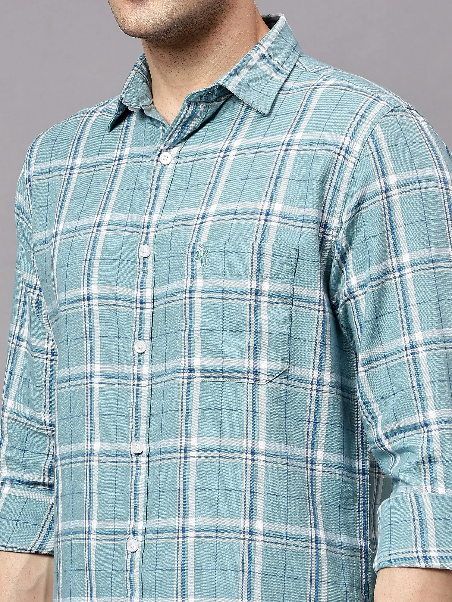 Men's Turquoise Casual Medium Checks Full Sleeve Shirt