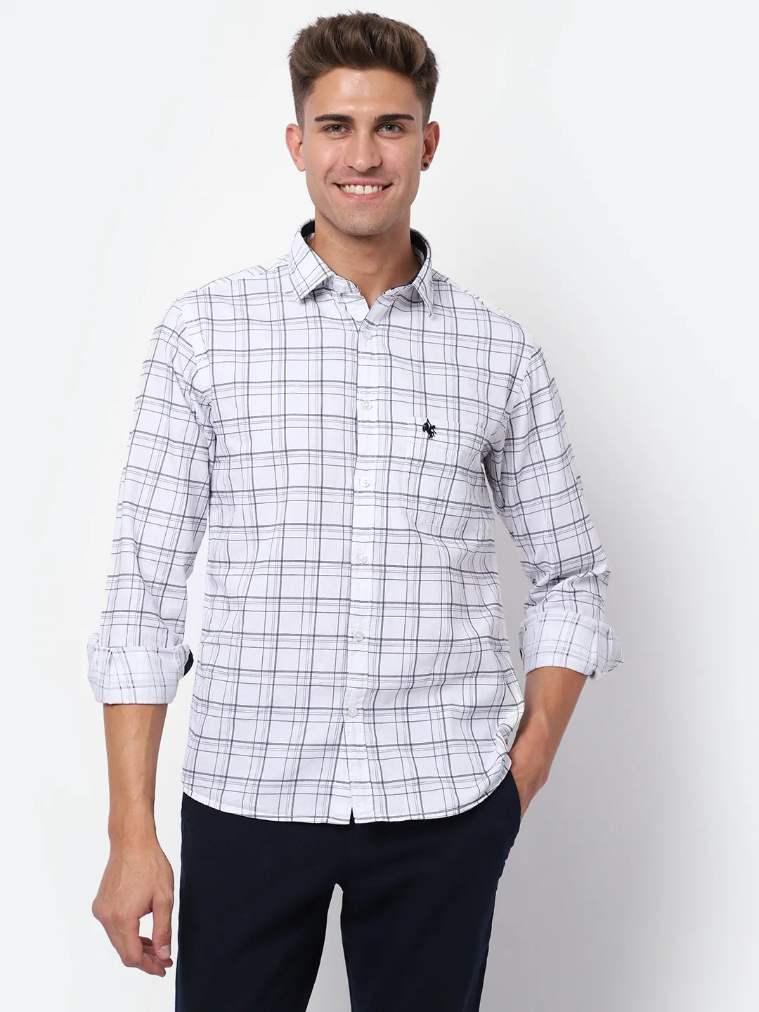 Men's White Casual Medium Checks Full Sleeve Shirt