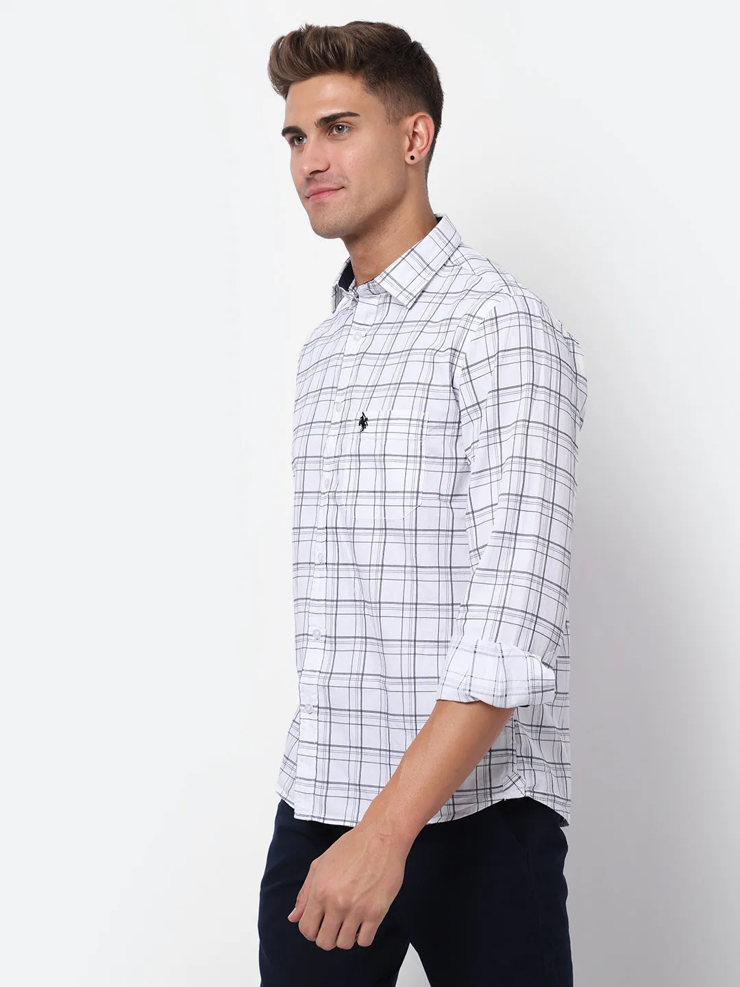 Men's White Casual Medium Checks Full Sleeve Shirt