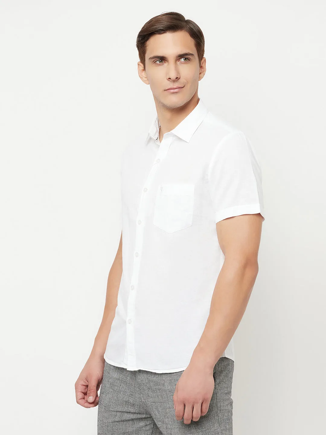 Men's White Casual Plain Half Sleeve Shirt