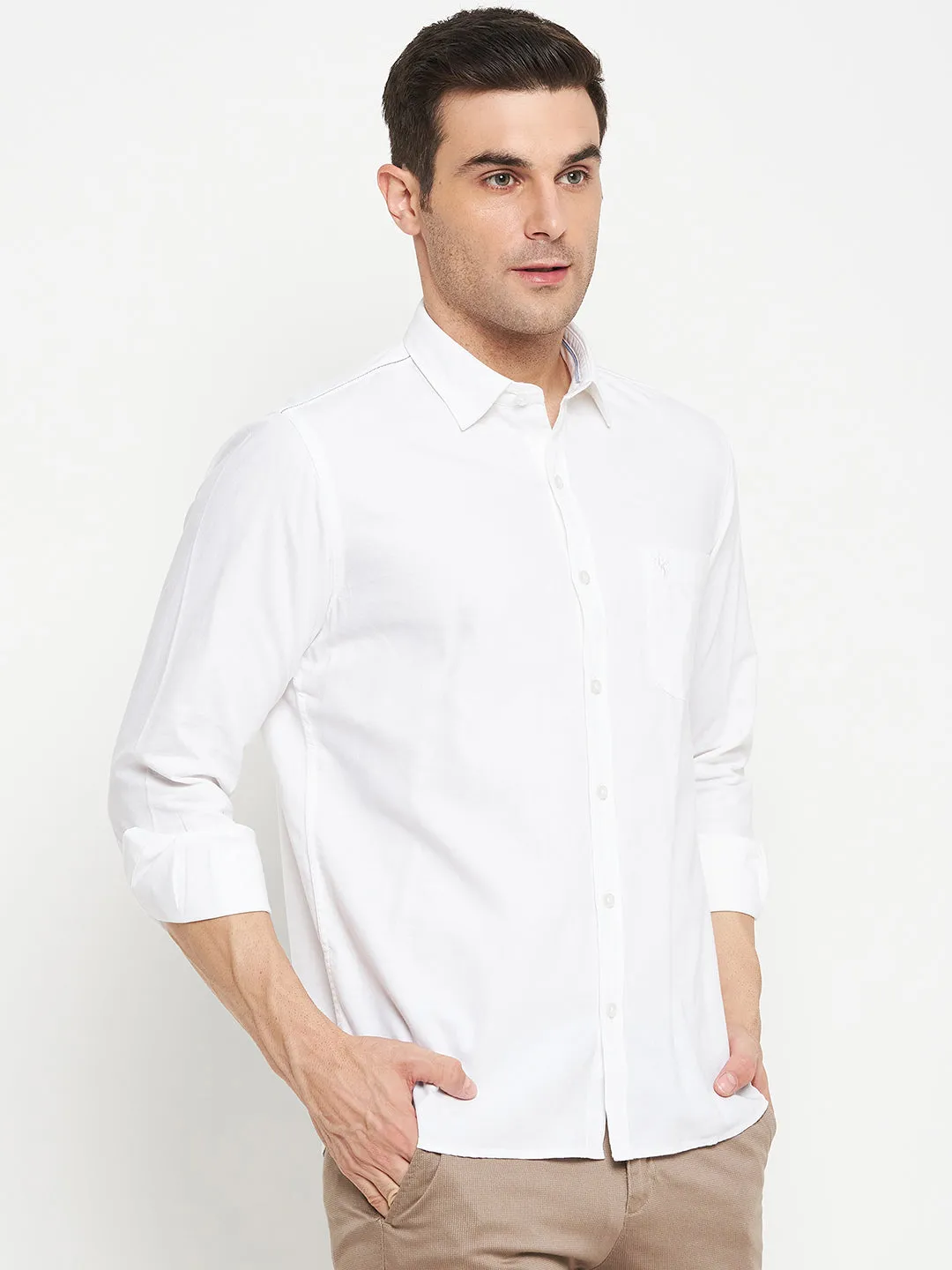 Men's White Casual Self Textured Full Sleeve Shirt