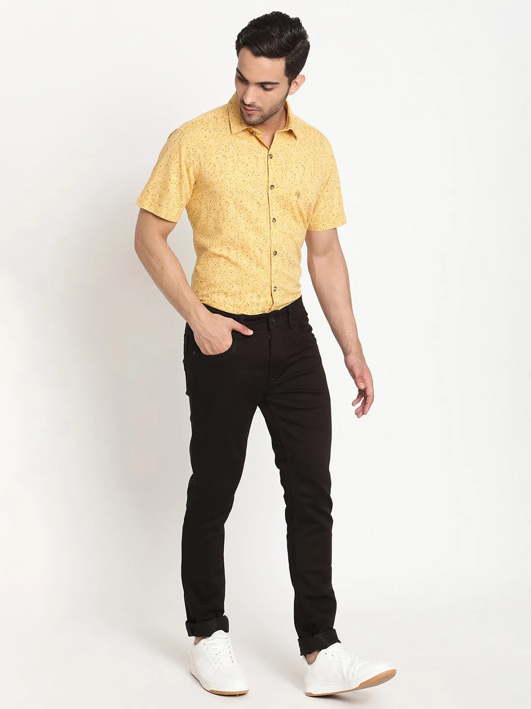 Men's Yellow Casual Abstract Print Half Sleeve Shirt