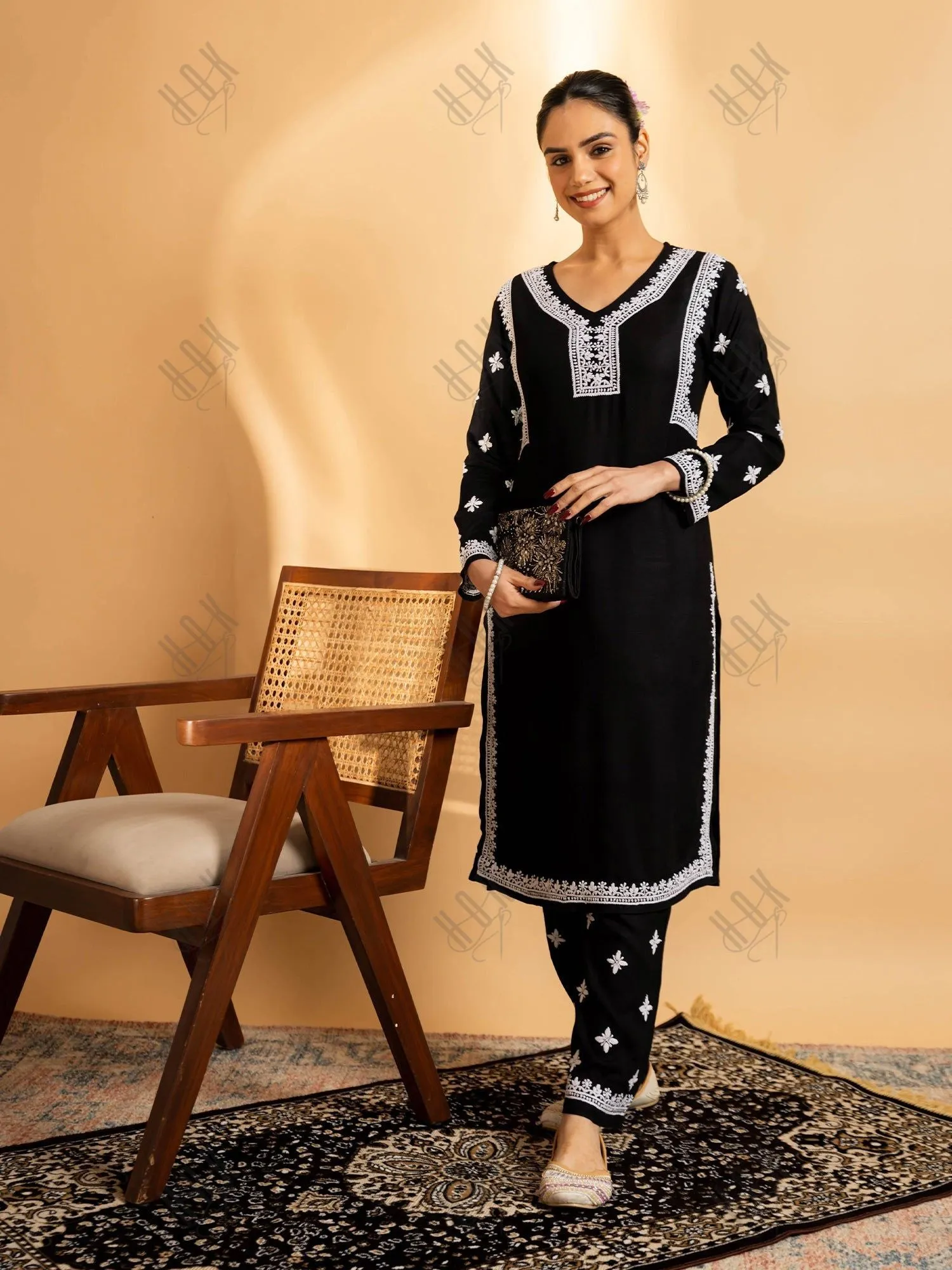 Saba Chikankari Rayon Kurta Set for Women - Black