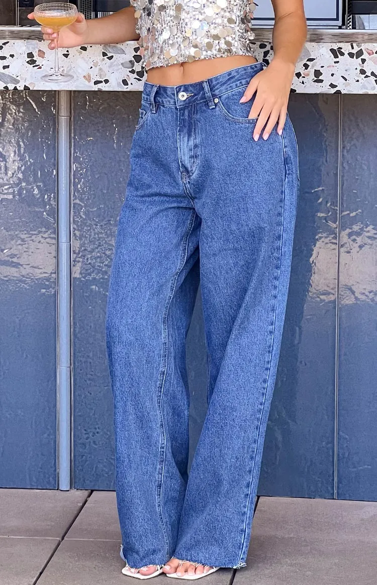 She's Yours Mid Wash Denim Wide Leg Boyfriend Jeans