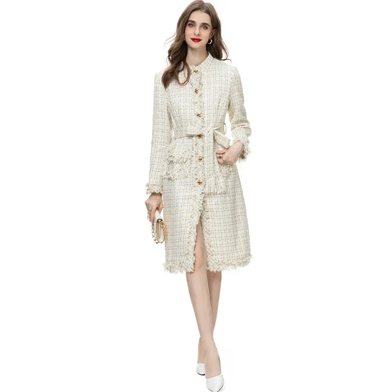 Women's Elegant Luxe White Tweed Long Coat