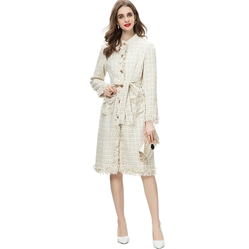 Women's Elegant Luxe White Tweed Long Coat